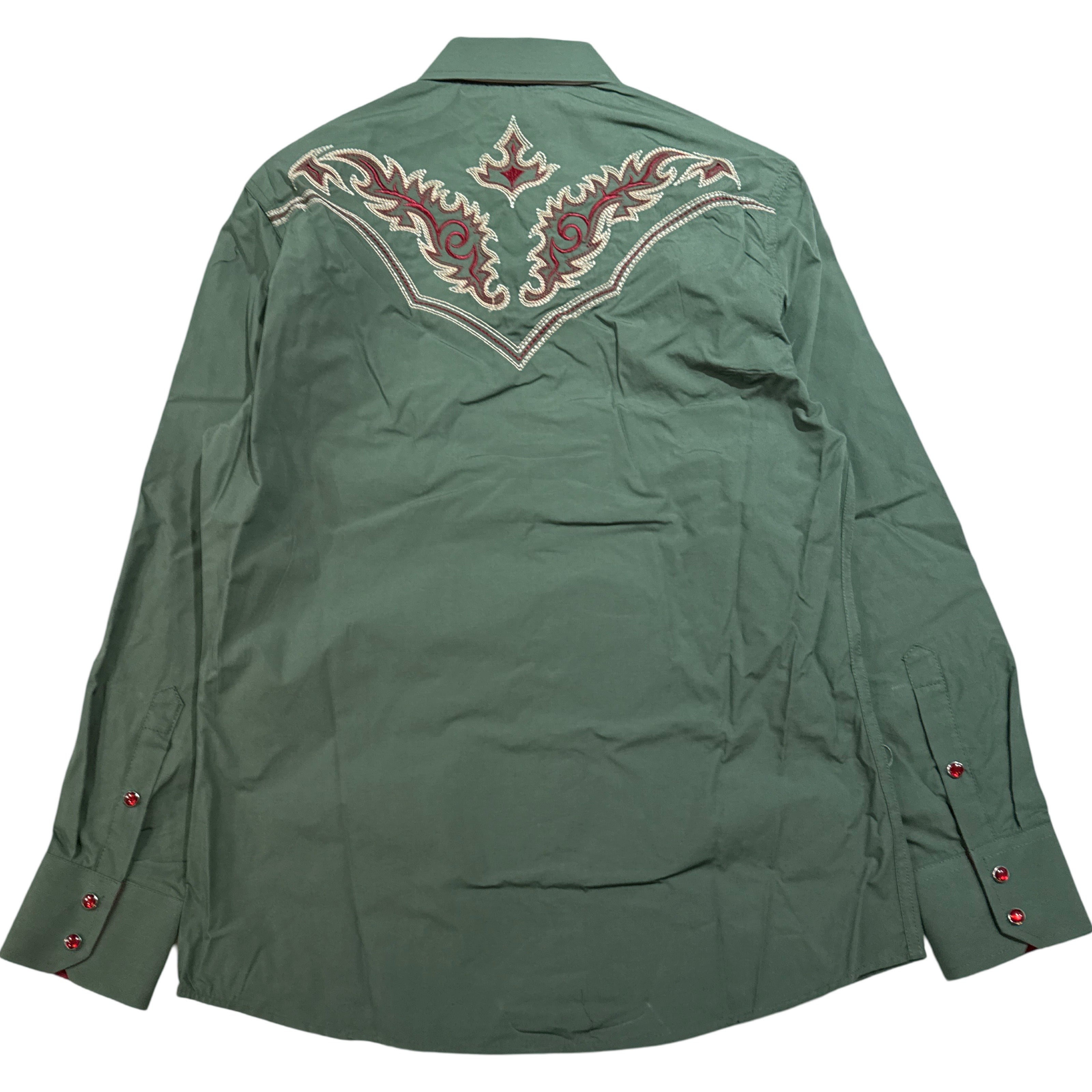 AttrakJeans Green/Red Embroidered Western Button Up Shirt - Dudes Boutique
