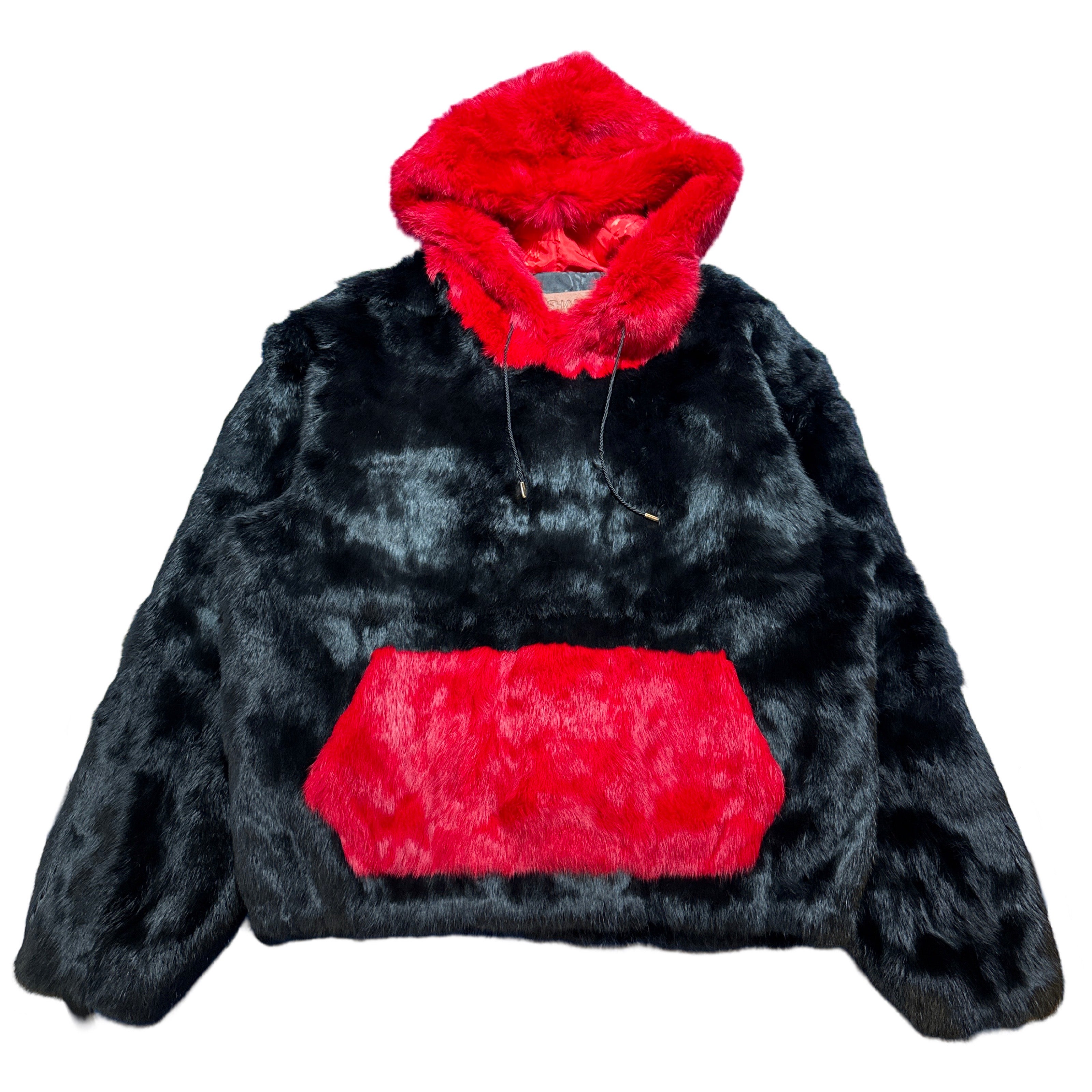 Kashani Black / Red Rabbit Fur Drawstring Hoodie - Dudes Boutique