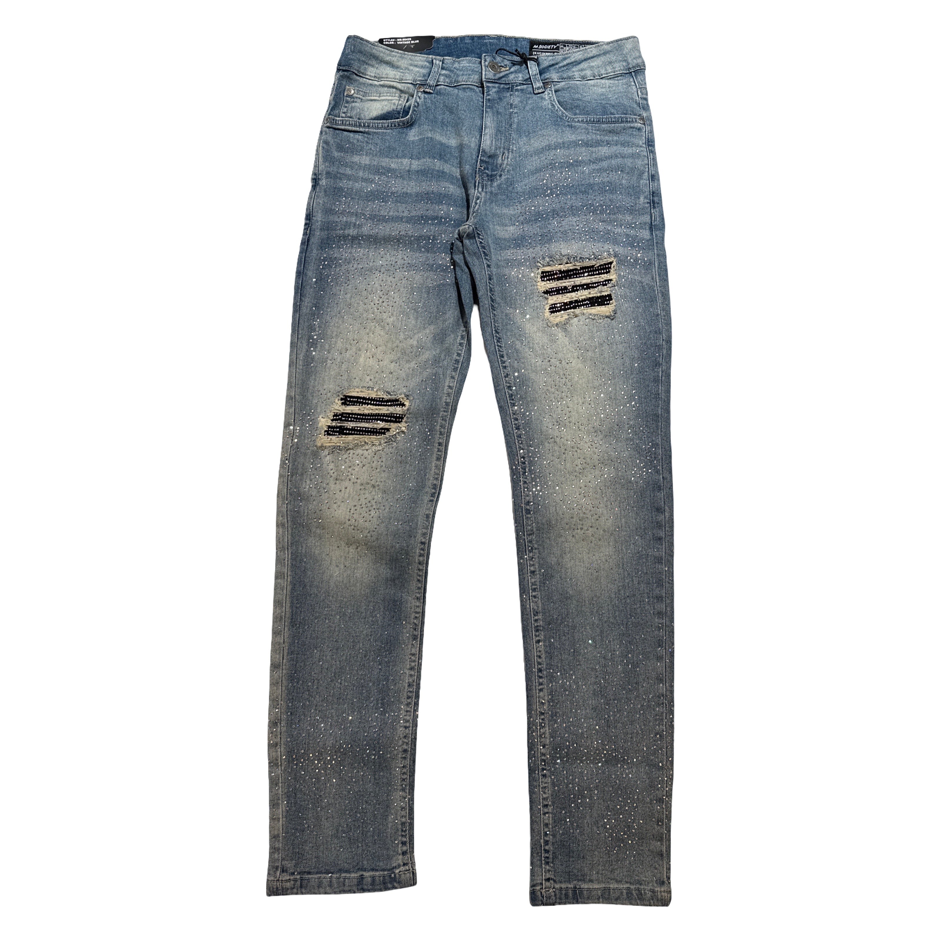 M. Society Men's Vintage Wash Ripped & Rhinestone Jeans