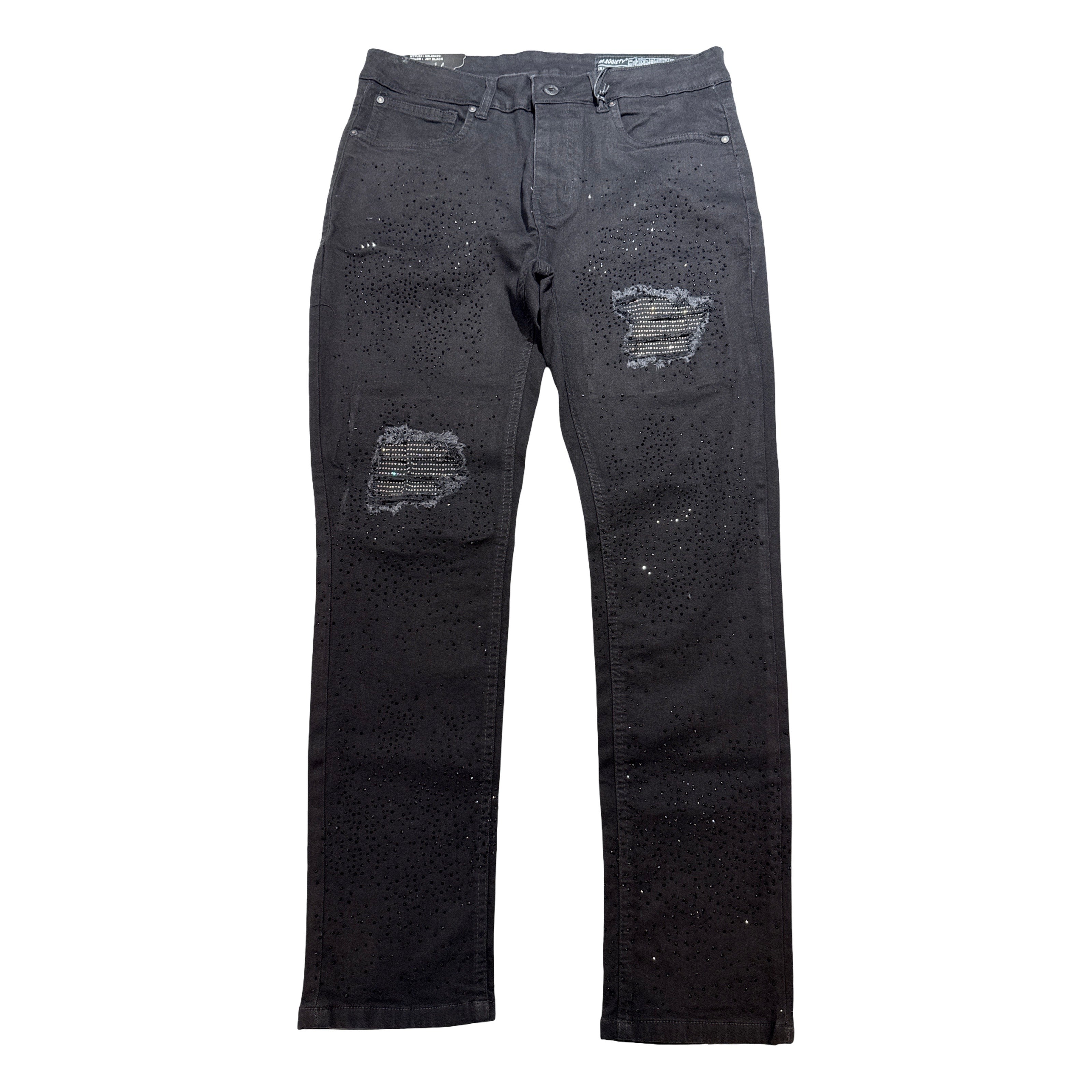 M. Society Men's Black Ripped & Rhinestone Jeans