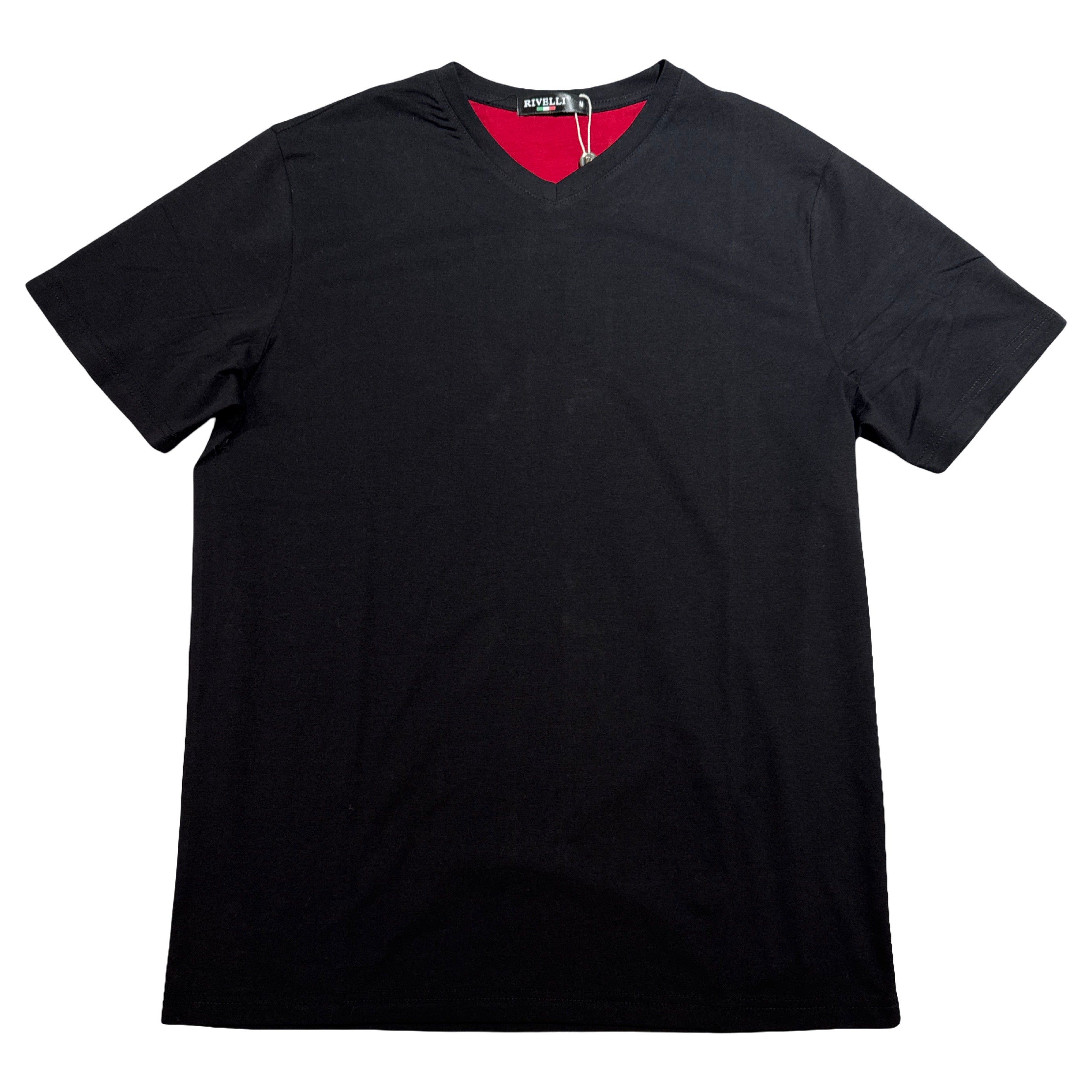 Rivelli Men's Black V-Neck T-Shirt with Red Inner Collar