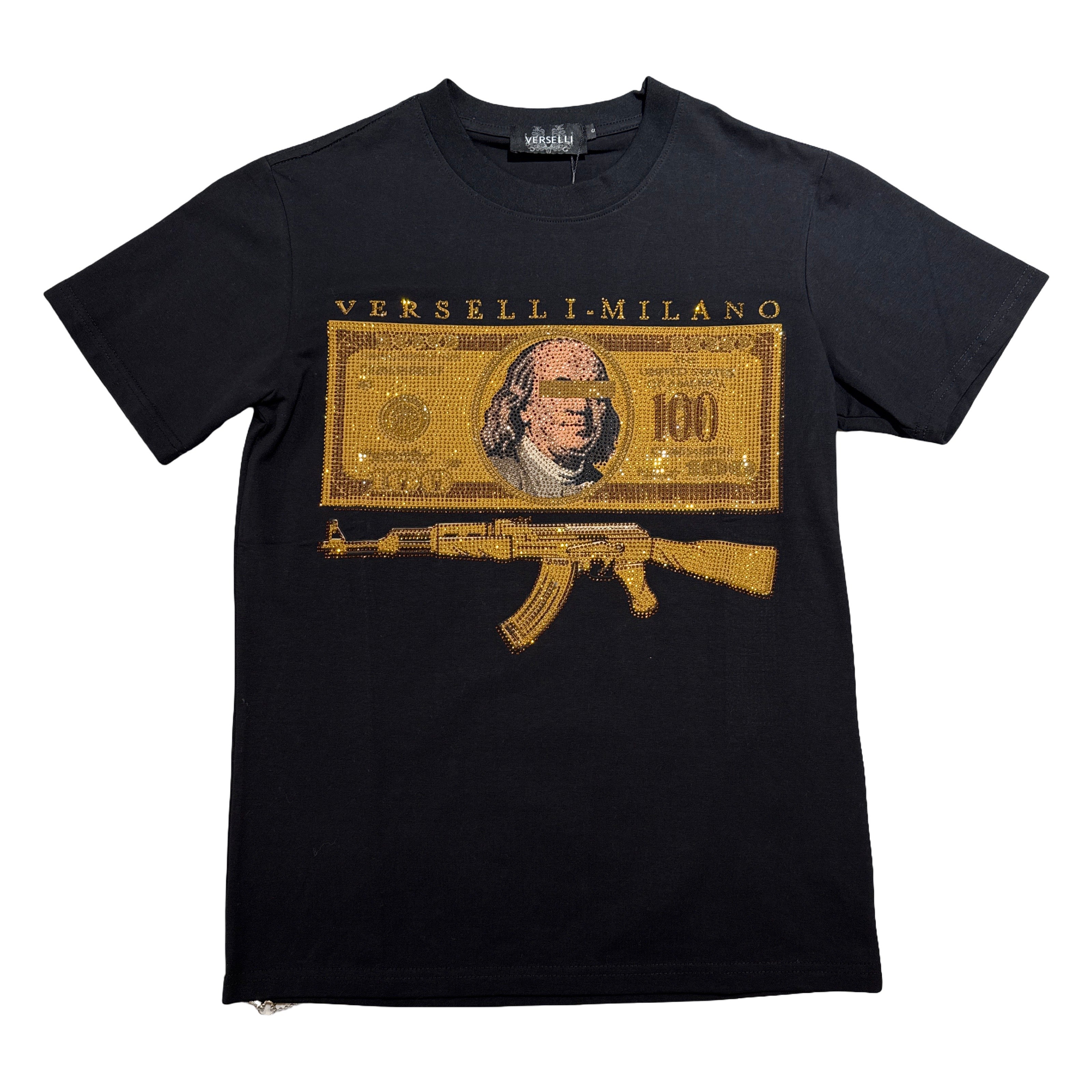 Verselli Milano Men's Rhinestone Money & AK47 Graphic T-Shirt – Black