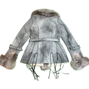 Kashani Women's Grey Hand Woven Silver Fox Fur Shearling Coat - Dudes Boutique