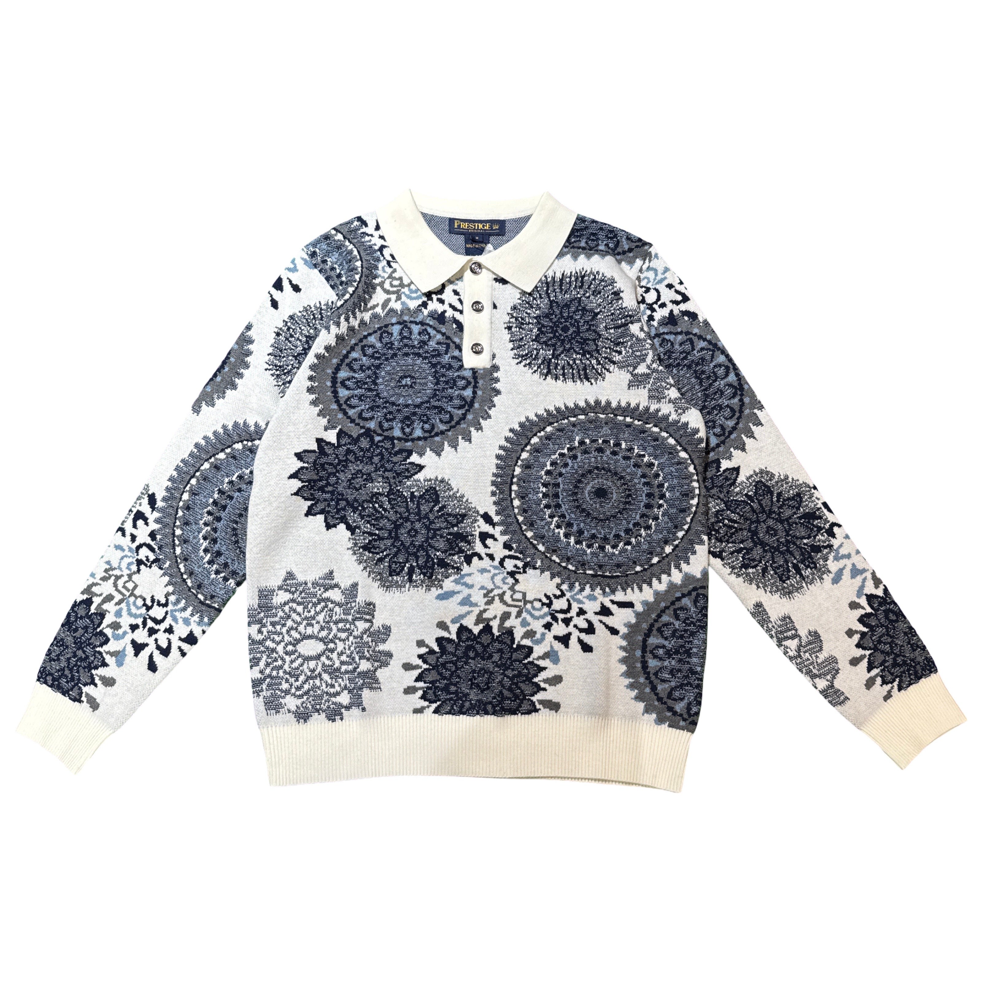 Prestige White Multi-Mandala Knit Polo Sweater