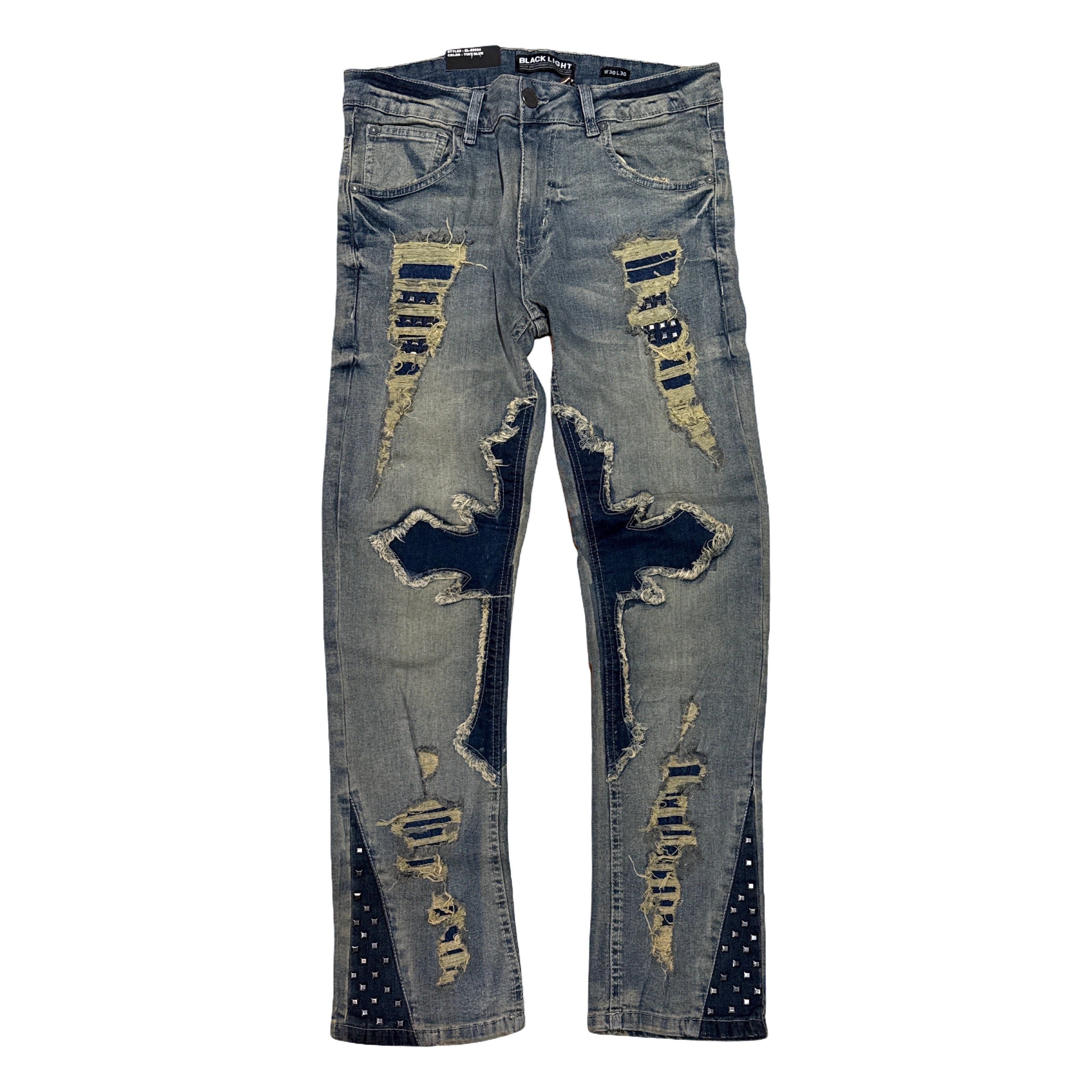 BlackLight Blue Cross Studded Distressed Jeans