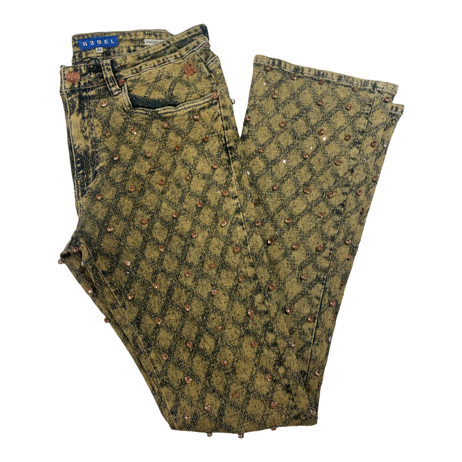 R3bel Denim Fully Loaded Gold Crystal Flare Denim Jeans