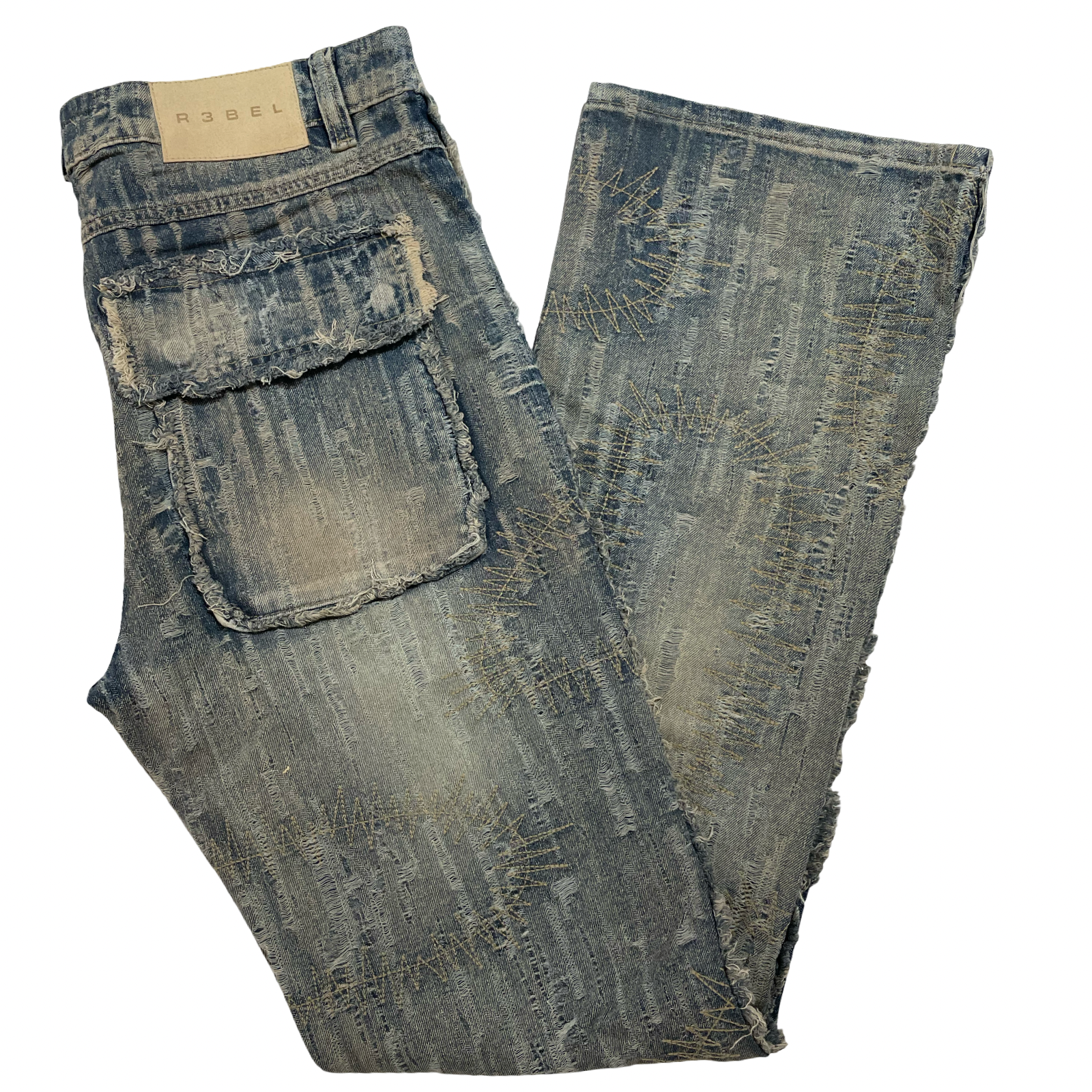 R3bel Denim Shredded Ripped Flared Denim Jeans