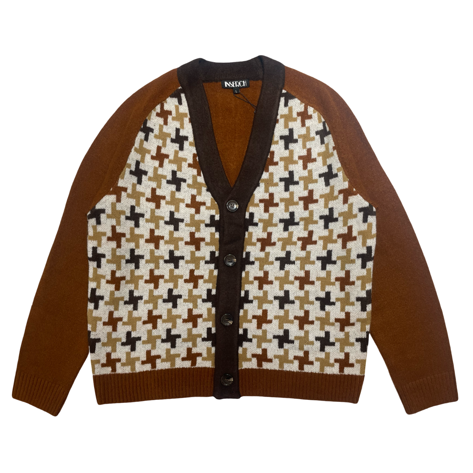Inserch Men’s Caramel Retro Houndstooth Cardigan Sweater