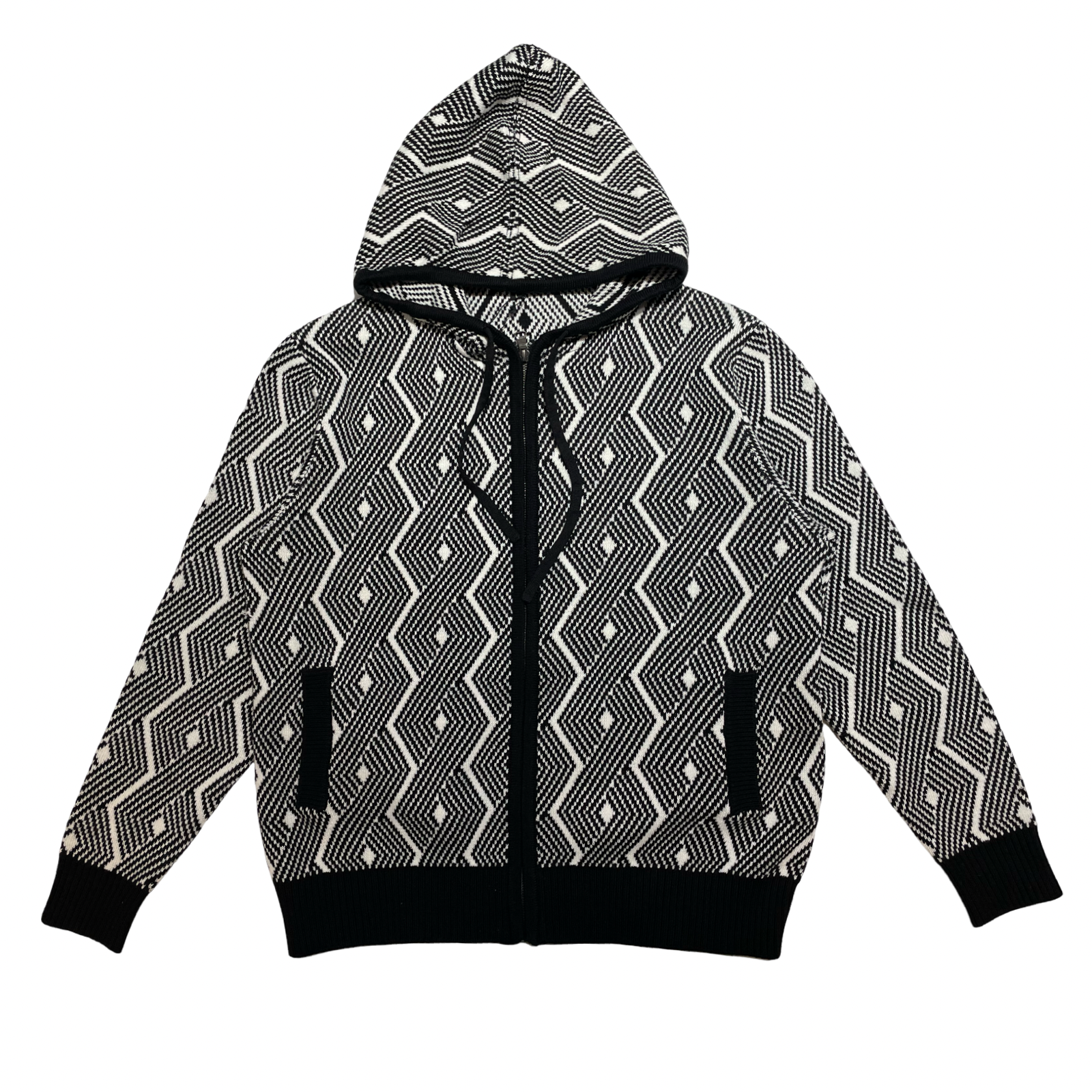 Inserch Black & White Geometric Knit Full Zip Sweater