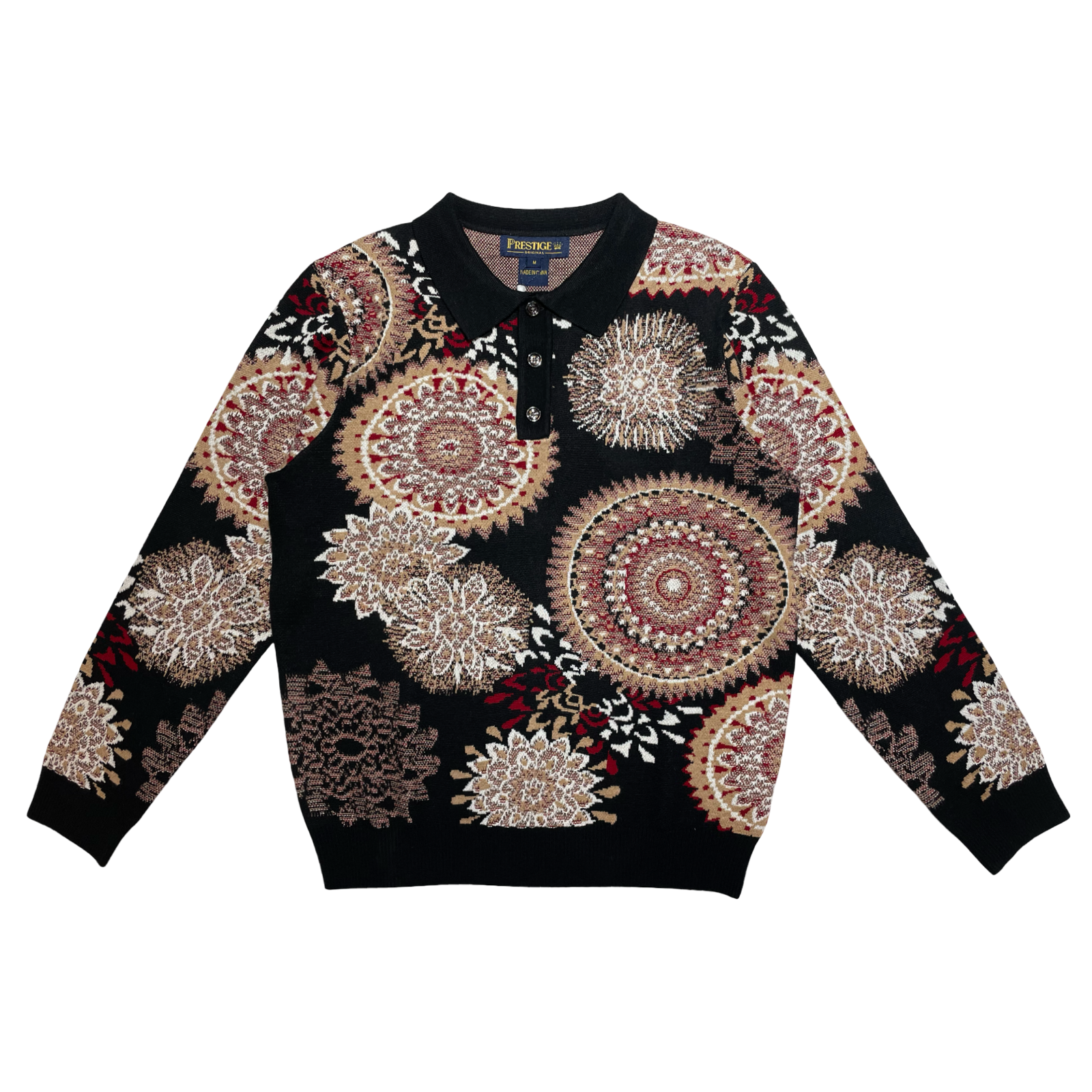 Prestige Black Multi-Mandala Knit Polo Sweater
