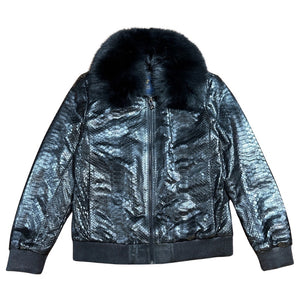 Kashani Black Python Detachable Fox Collar Bomber Jacket - Dudes Boutique