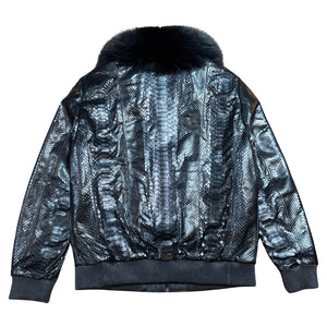 Kashani Black Python Detachable Fox Collar Bomber Jacket - Dudes Boutique