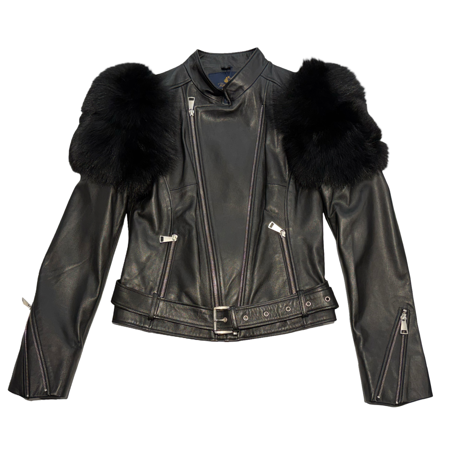 Kashani Women's Black Biker Jacket With Fox Fur Shoulders