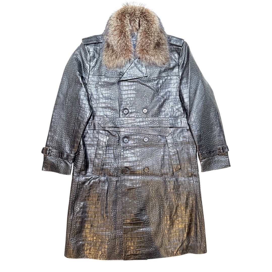 Kashani Black Embossed Alligator Lambskin Leather Trench Coat - Dudes Boutique
