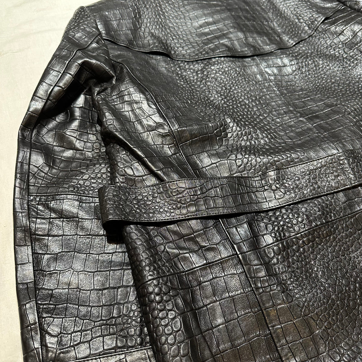 Kashani Black Embossed Alligator Lambskin Leather Trench Coat GHJ - Dudes Boutique