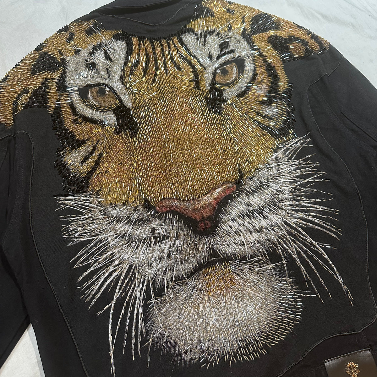 Barocco Tiger Hand Painted Sequin Black Jean Jacket - Dudes Boutique