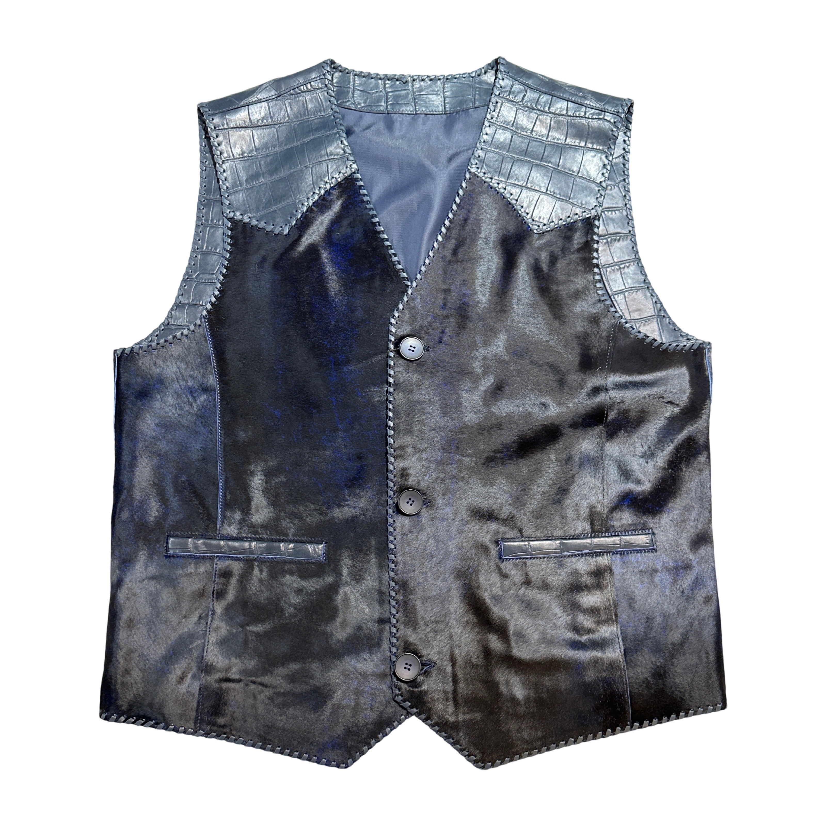 Kashani Navy Cavallino Pony Hair & Alligator Hand Woven Vest - Dudes Boutique