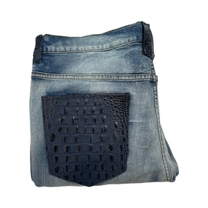 Kashani Denim Cargo Jeans w/ Navy Alligator Embossed Pockets - Dudes Boutique