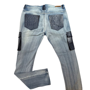 Kashani Denim Cargo Jeans w/ Navy Alligator Embossed Pockets - Dudes Boutique