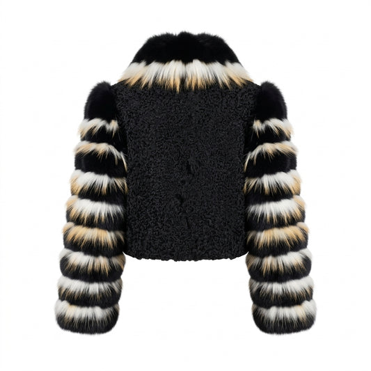 Kashani Women's Black Persian Lamb Jacket with Black & White Striped Fox Sleeves