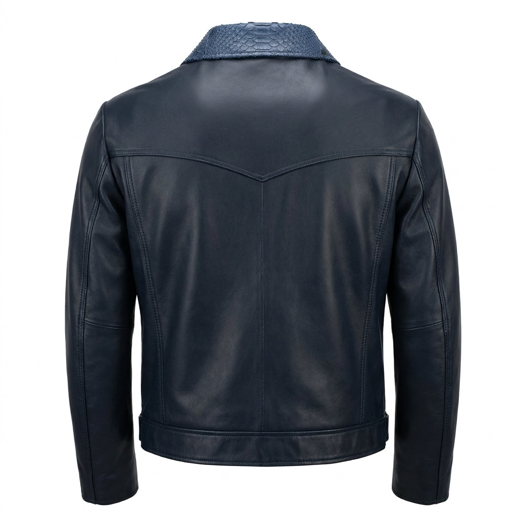 Kashani Navy Leather Trucker Jacket with Python Trim