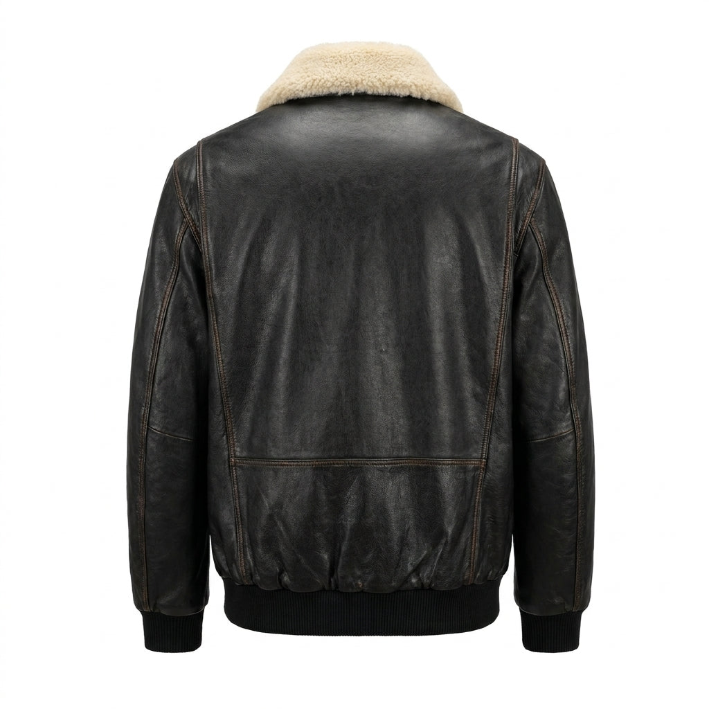 American Base New York Black Leather Aviator Bomber with Shearling Collar