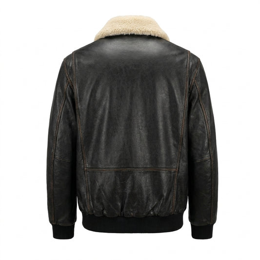 American Base New York Black Leather Aviator Bomber with Shearling Collar