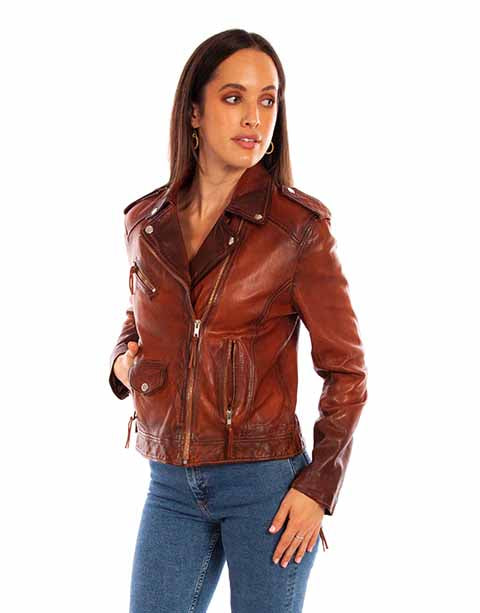 Scully Ladies Vintage Brown Lambskin Biker Jacket - Dudes Boutique