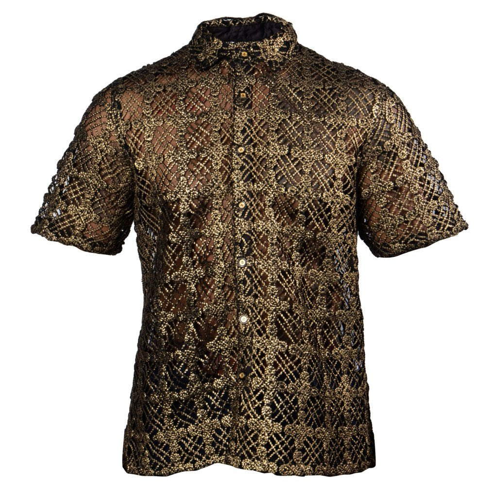 Prestige Black Gold Cross Lace Short Sleeve Button Up Shirt Dudes Boutique Prestige Black Gold Cross Lace Short Sleeve Button Up Shirt Dudes Boutique