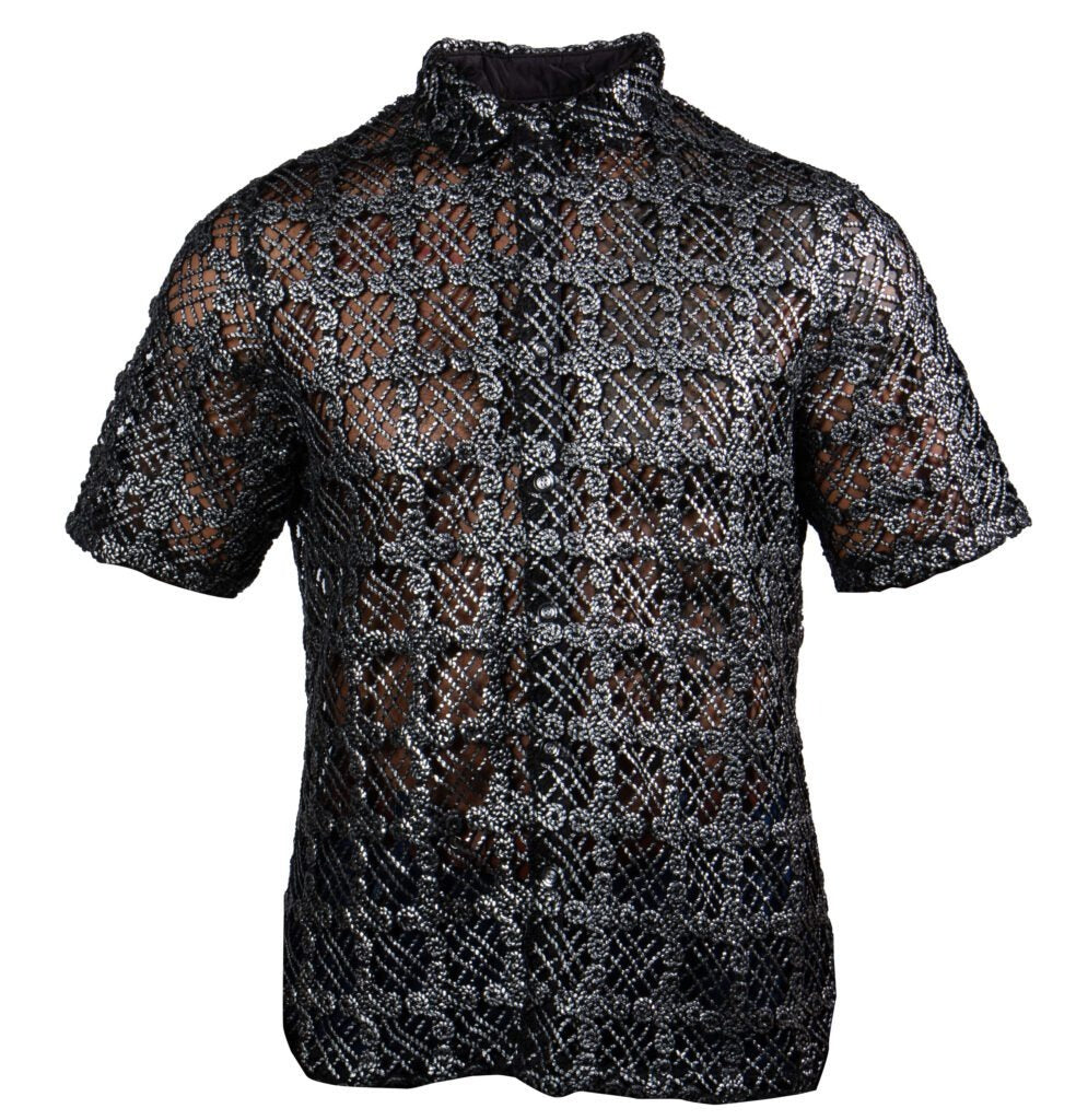 Prestige Black Silver Cross Lace Short Sleeve Button Up Shirt - Dudes Boutique