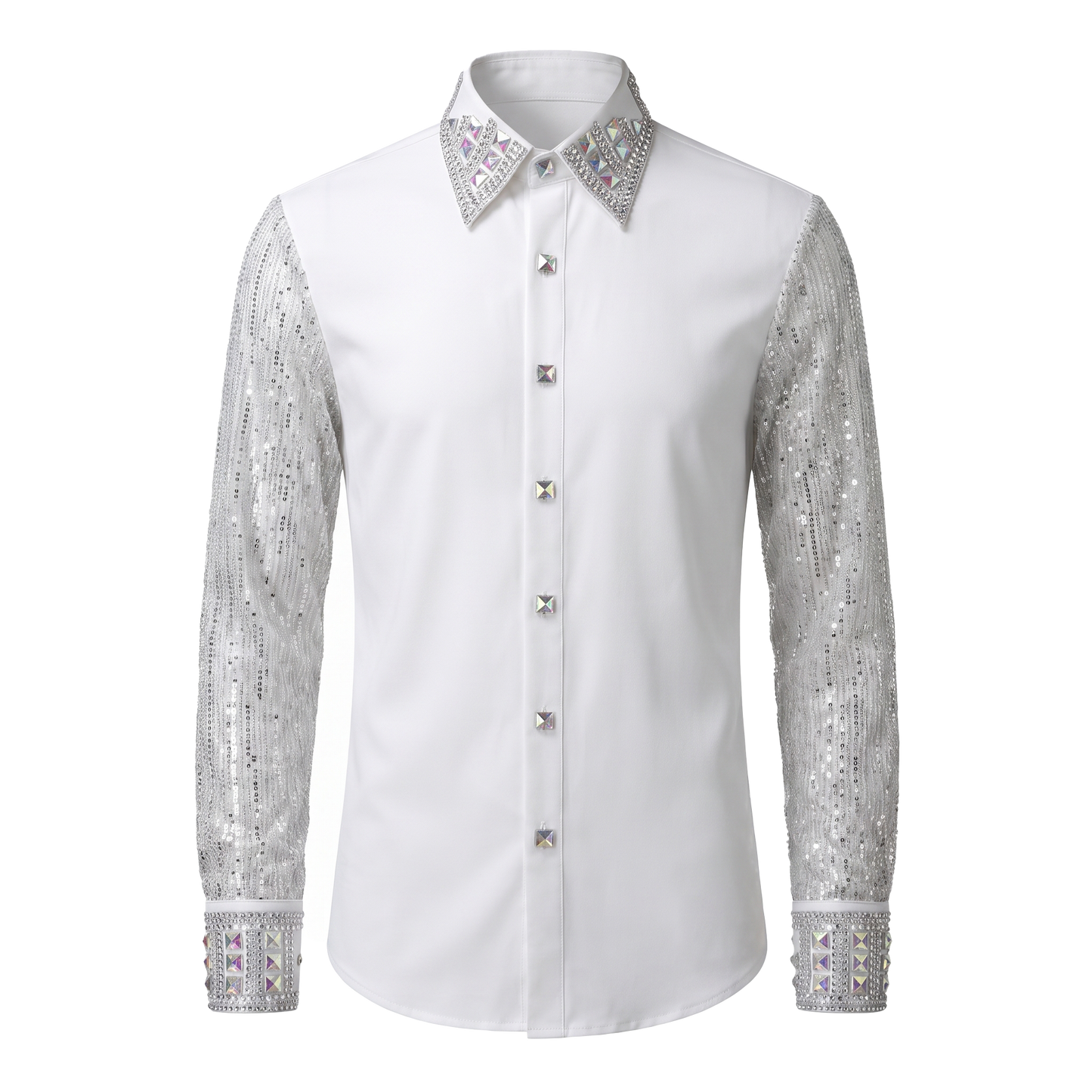Kashani White & Silver Hyper Crystal Button-Up Zip Shirt