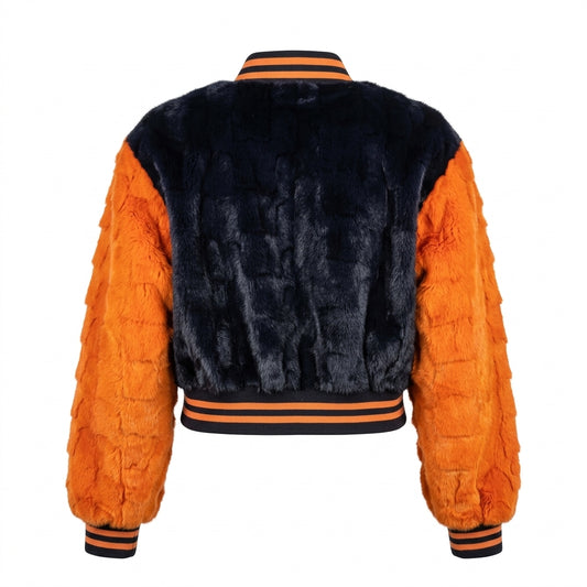 Kashani Women’s Navy/Orange Diamond Cut Mink Cropped Bomber Jacket