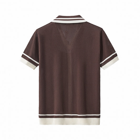 Contrast Trim Mesh Knit Button-Up COFFEE