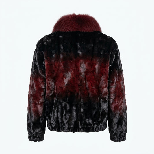 Kashani Burgundy Fade Diamond Cut Mink Coat / Fox Fur Collar
