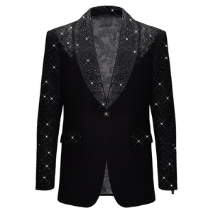 Luxurious Black Blazer with Elegant Rhinestone Emb BLACK - Dudes Boutique