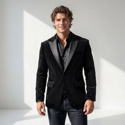 Barocco Regal Cascades Embellished Velvet Blazer BLACK/BLACK