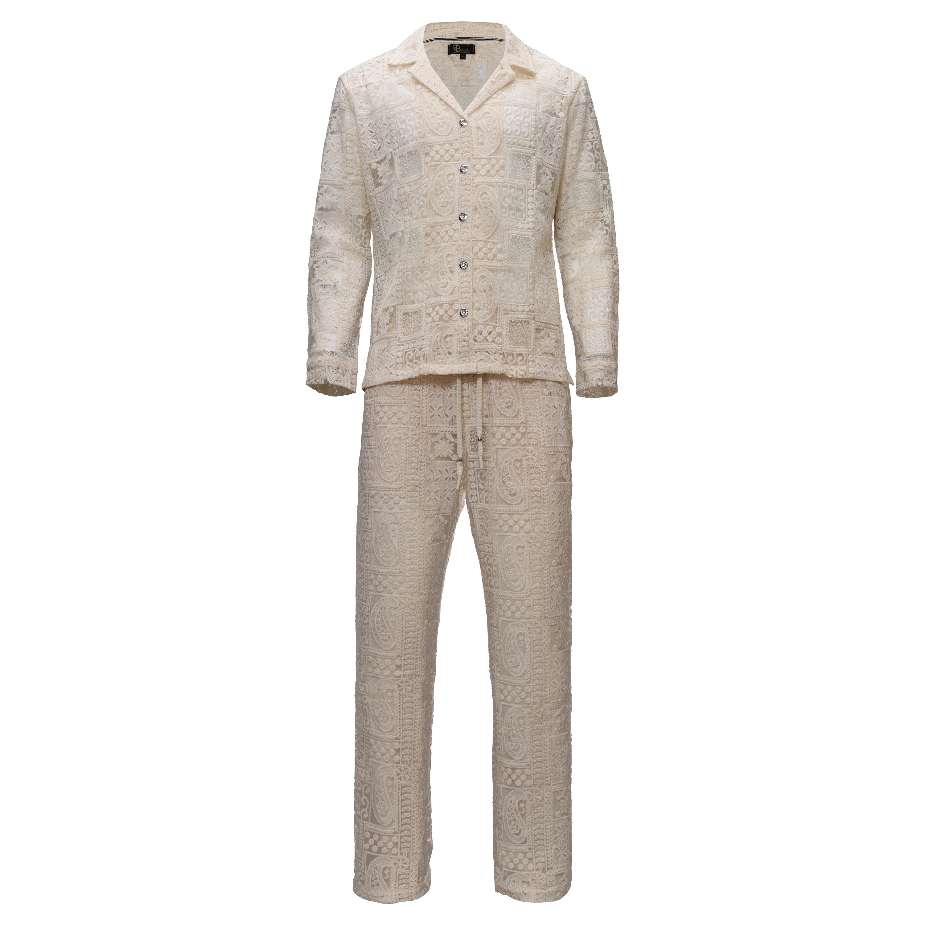 Menās Textured Embroidered Two-Piece Set BEIGE - Dudes Boutique