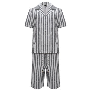 Men’s Striped Button-Up Shirt & Shorts Set WHITE/BLACK - Dudes Boutique