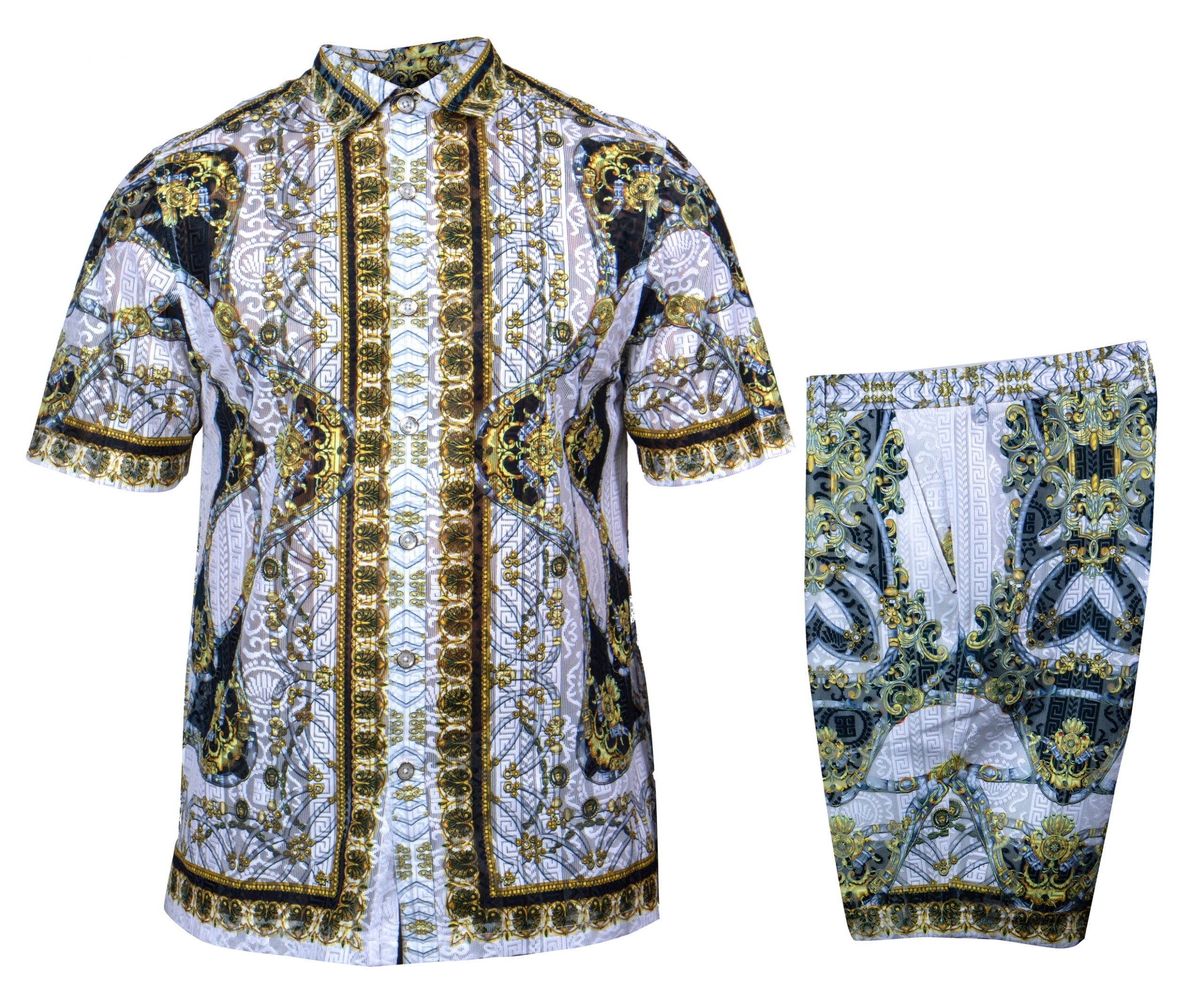 Prestige White Baroque Print Shirt & Short Set - Dudes Boutique