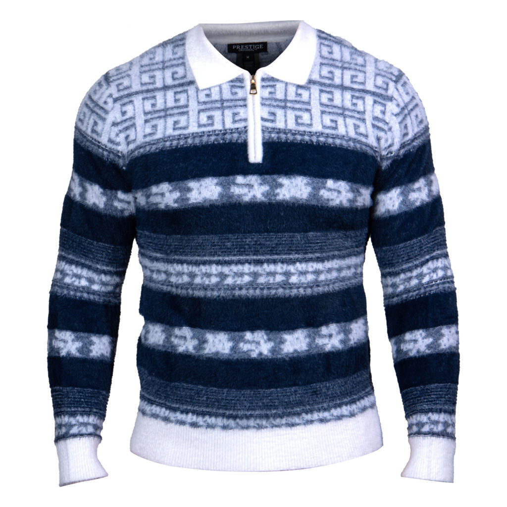 Prestige Aegean Key White & Navy Quarter-Zip Sweater
