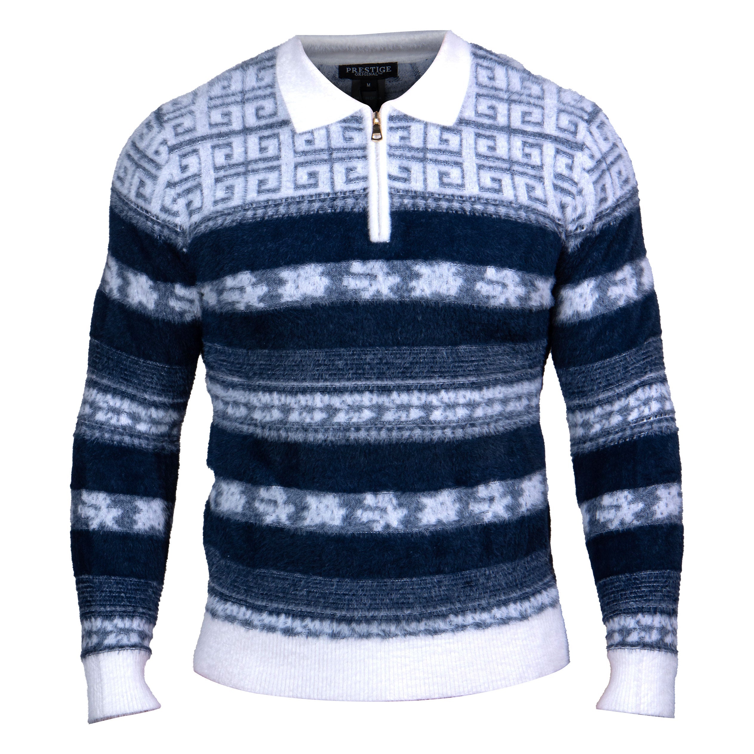 Prestige Blue / White Mohair Greek Key Sweater - Dudes Boutique