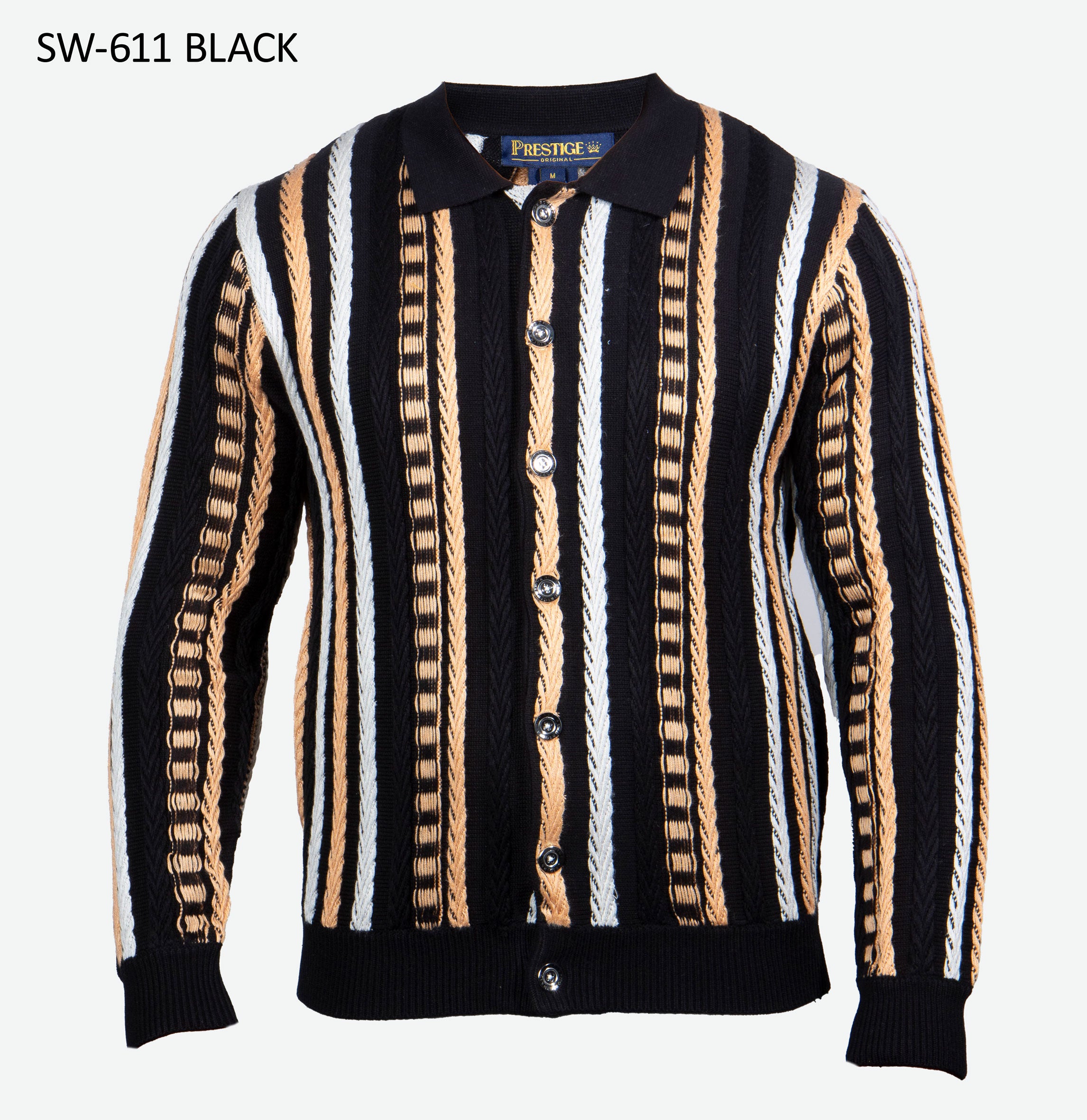Prestige Black Vertical Stripe Knit Polo Cardigan
