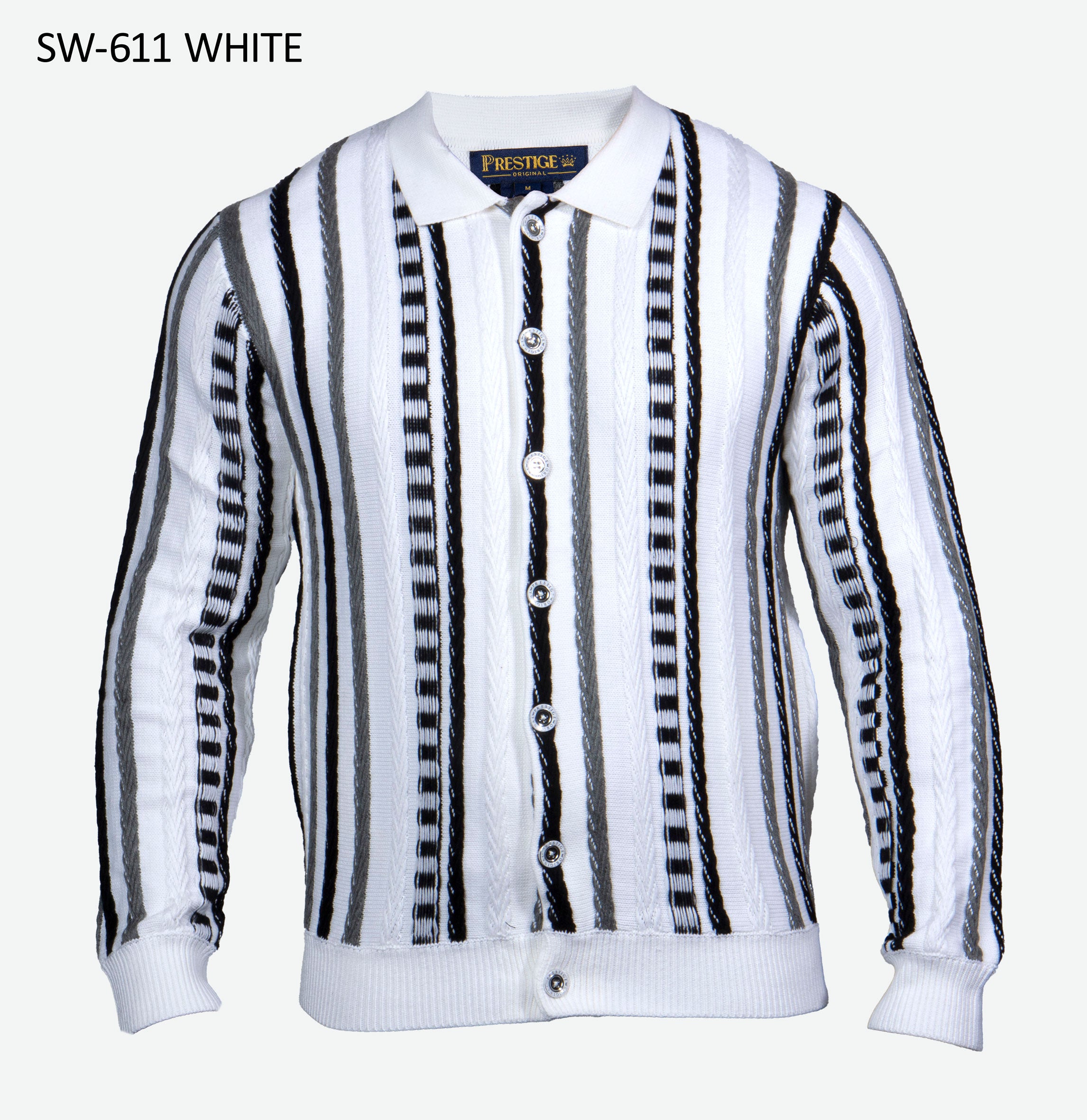 Prestige White Vertical Stripe Knit Polo Cardigan