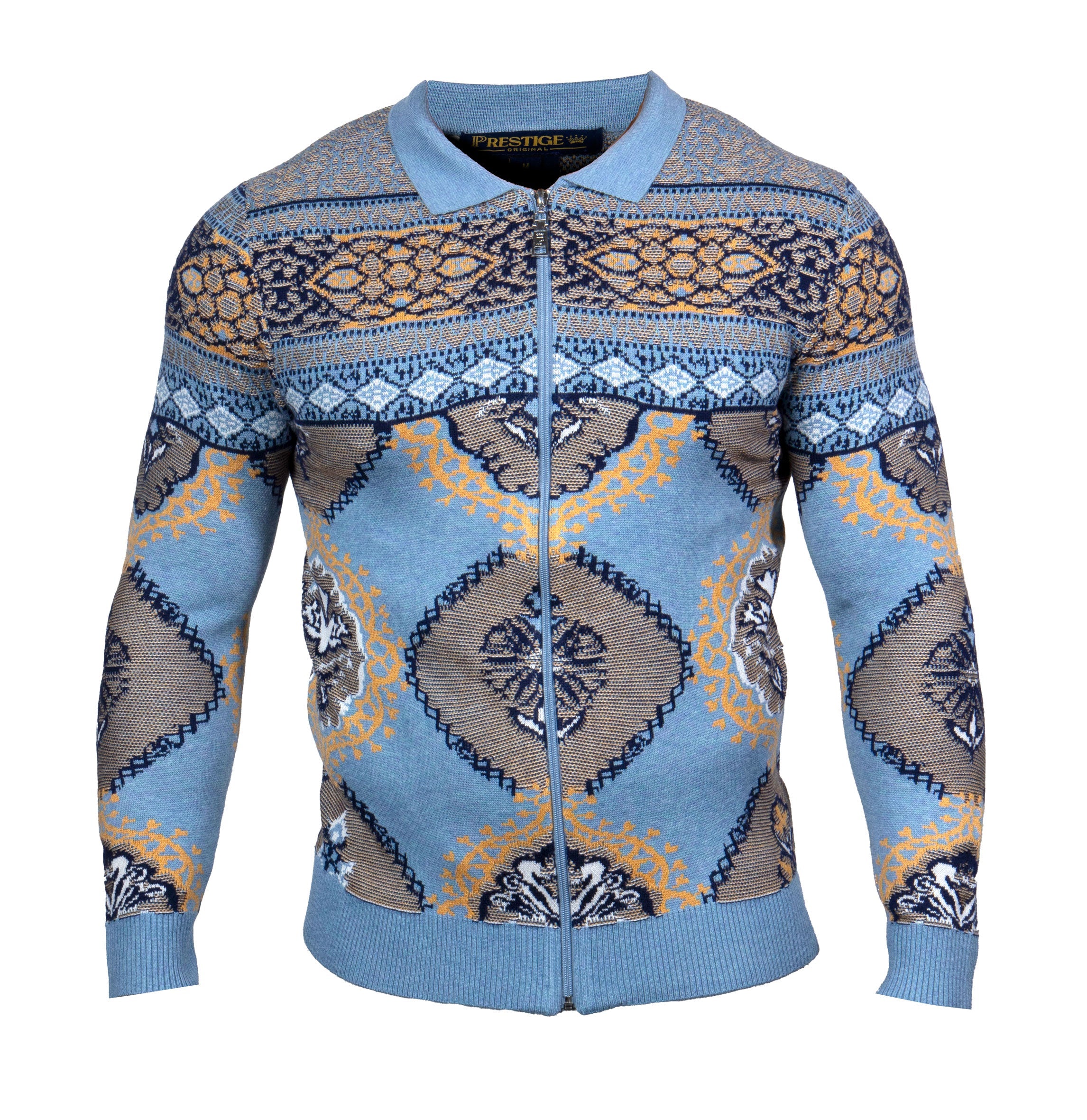 Prestige Blue Patterned Full-Zip Knit Polo Sweater
