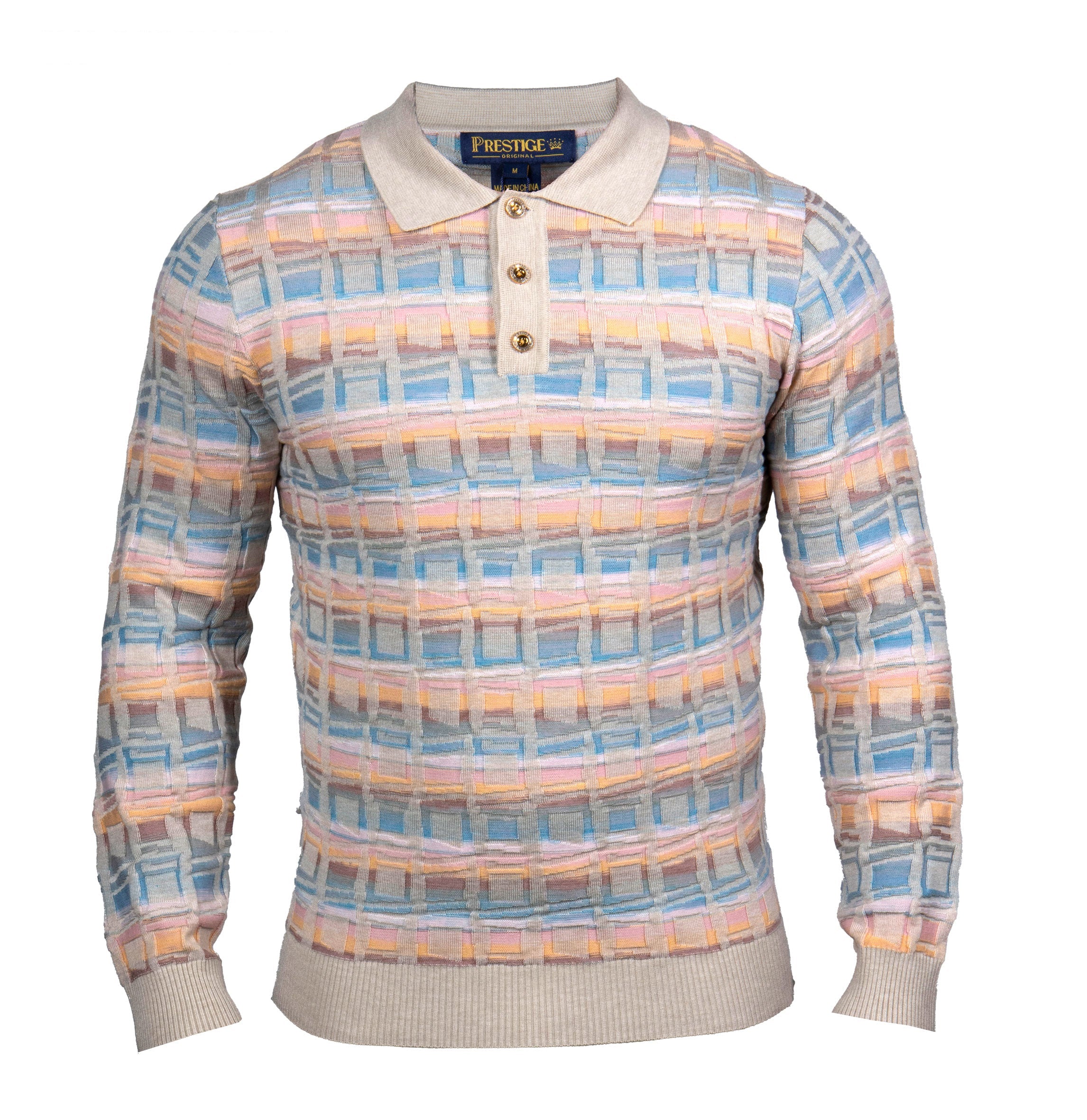 Prestige Beige Pastel Plaid Knit Polo Sweater