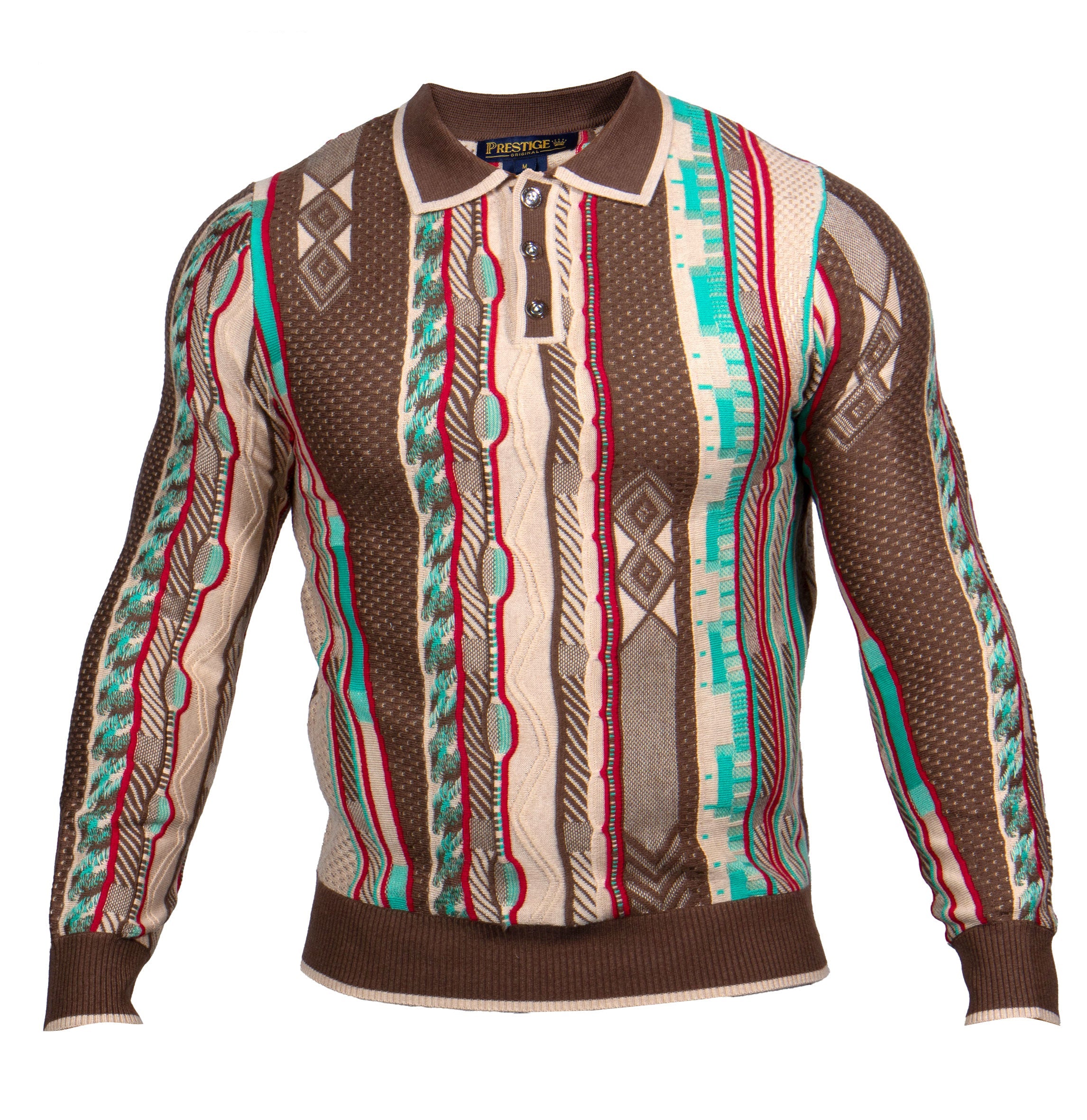 Prestige Cocoa Multi-Pattern Knit Polo Sweater