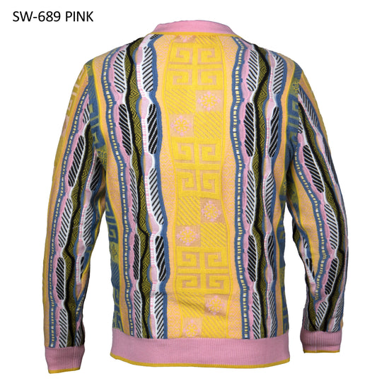 Prestige SW-689 pink and yellow Greek key polo sweater, back view