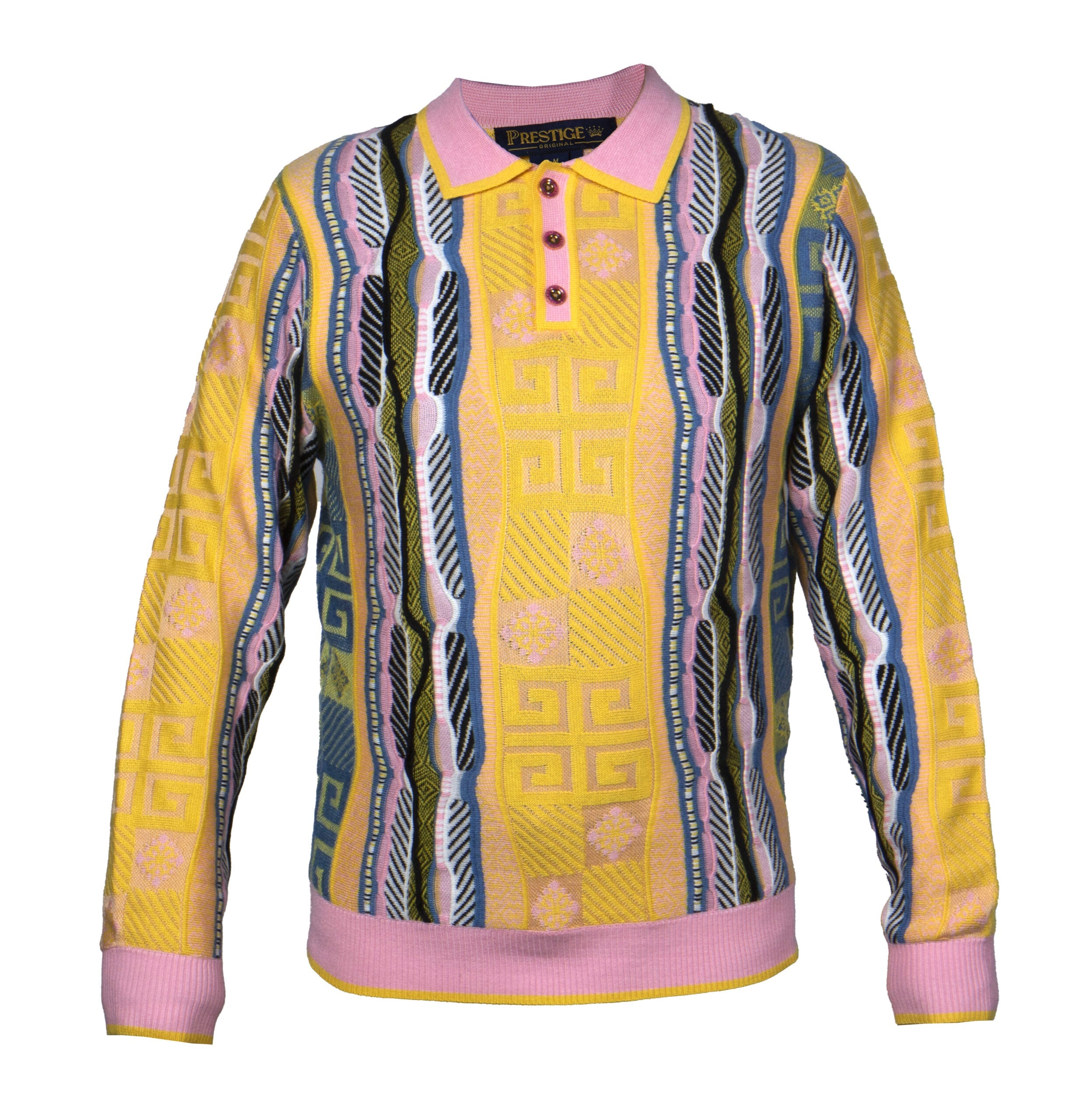 Prestige Pink and Yellow Geometric Knit Polo Sweater