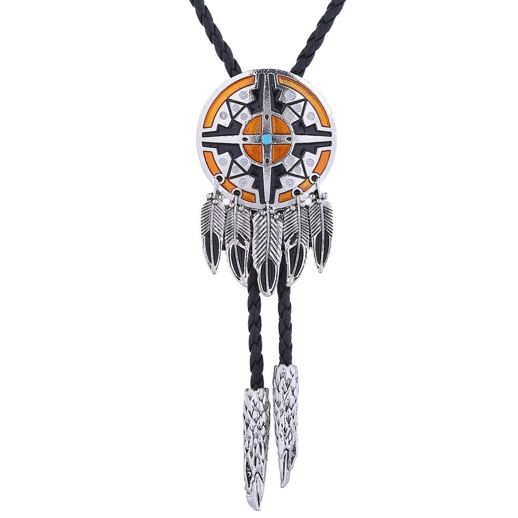 Kashani Orange Indian Feather Totem Pendant Bolo Tie - Dudes Boutique