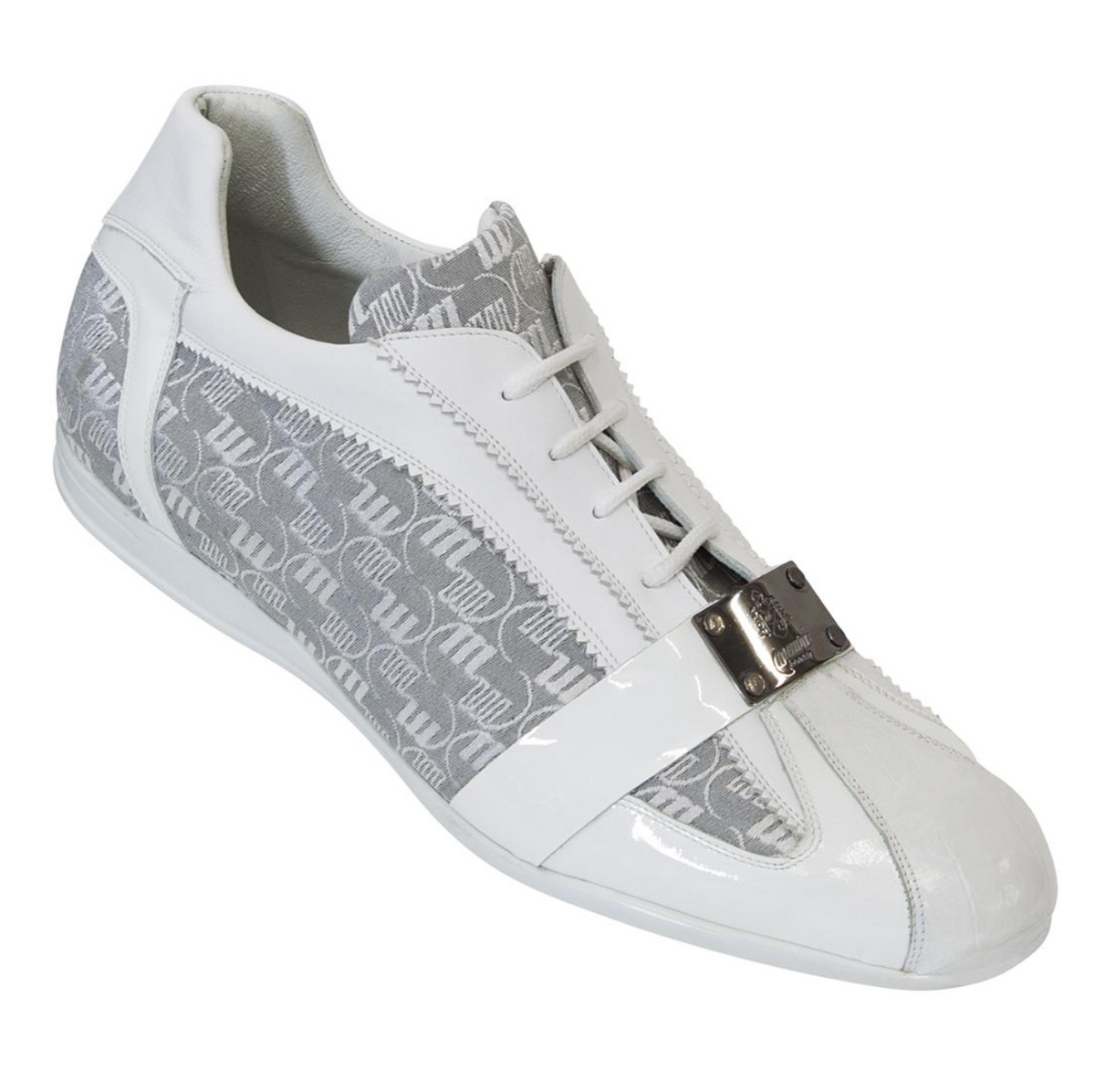 Mauri 8665 White Genuine Crocodile Patent Leather Fabric Sneakers - Dudes Boutique